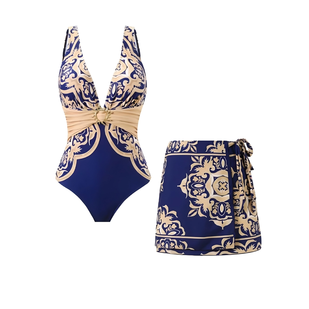Women's Vintage Print Deep V One-Piece Swimsuit and Matching Skirt