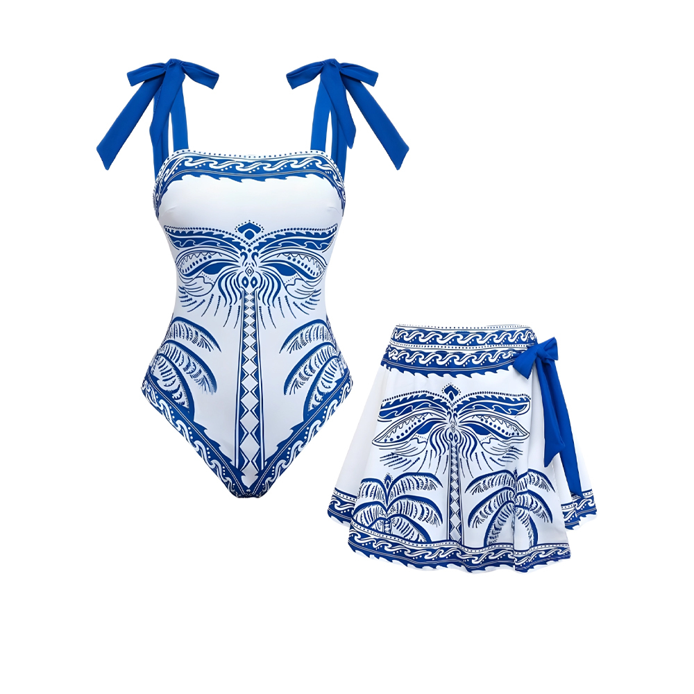 Women's Tribal Influence Palm Print One-Piece Swimsuit and Matching Skirt