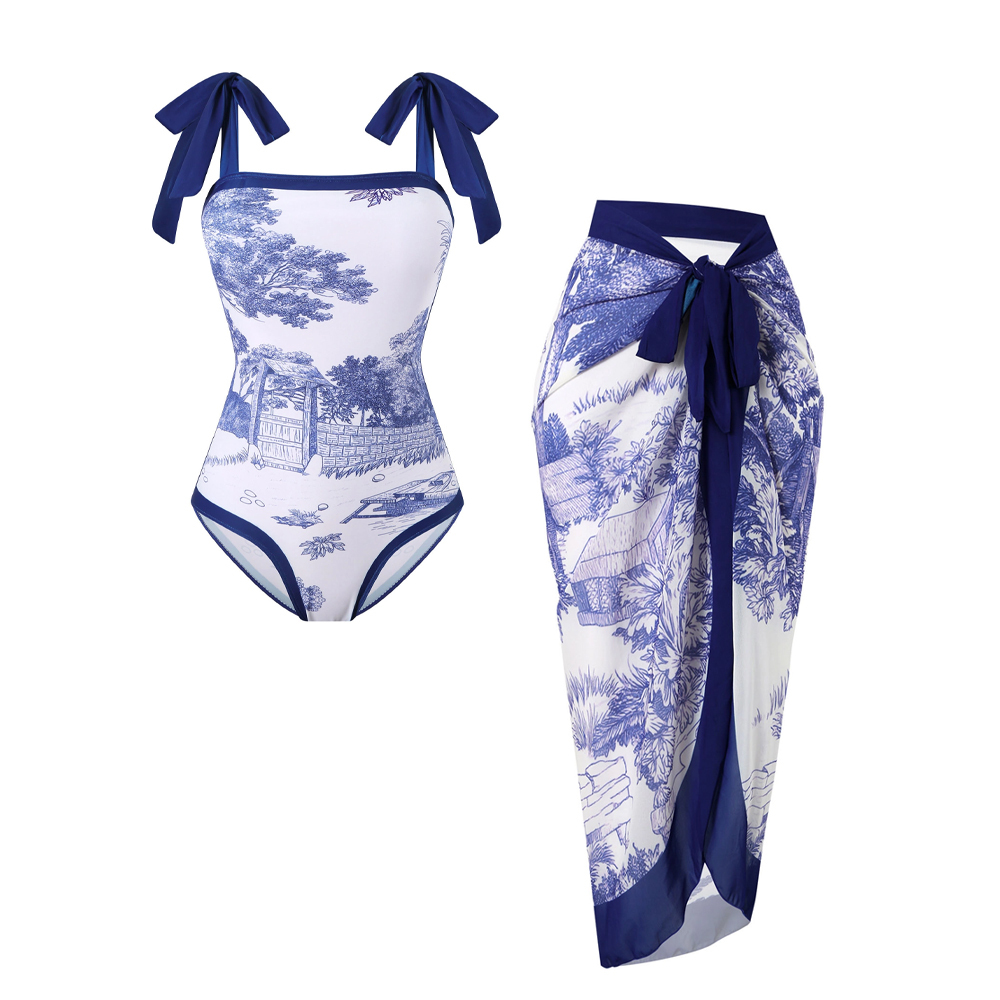 Women's Scenic Painting Print One-Piece Swimsuit and Matching Maxi Skirt