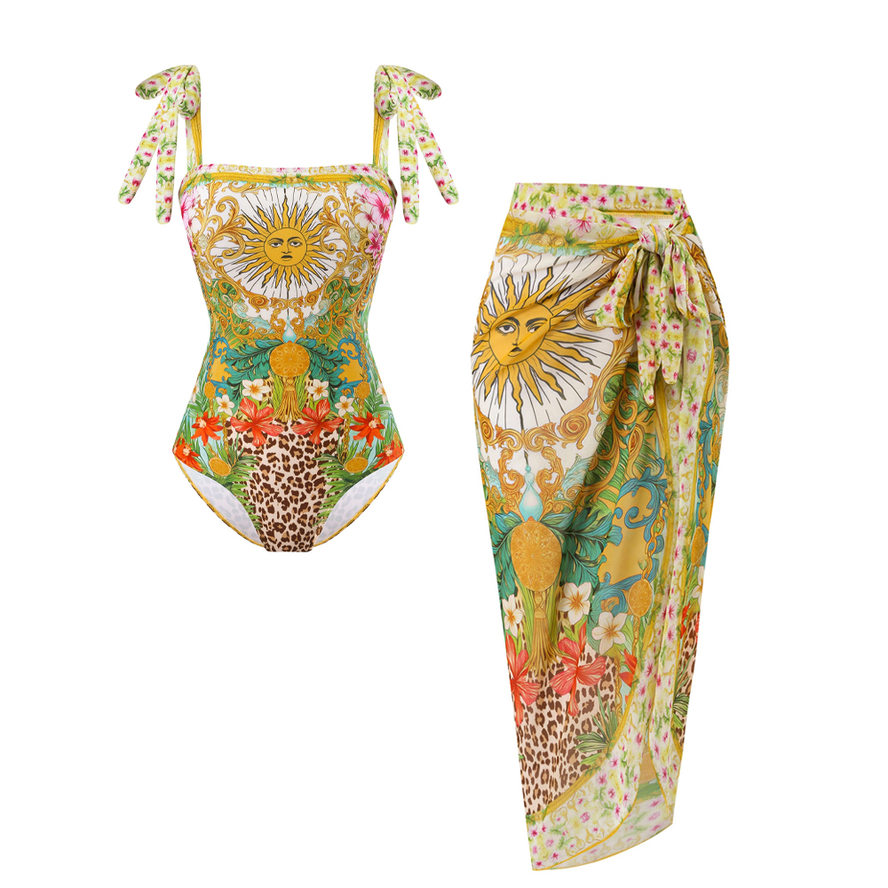 Women's Vintage Sun Print One-Piece Swimsuit and Matching Maxi Skirt