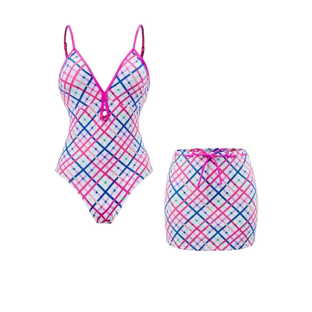Women's Plaid Print One-Piece Swimsuit and Matching Skirt