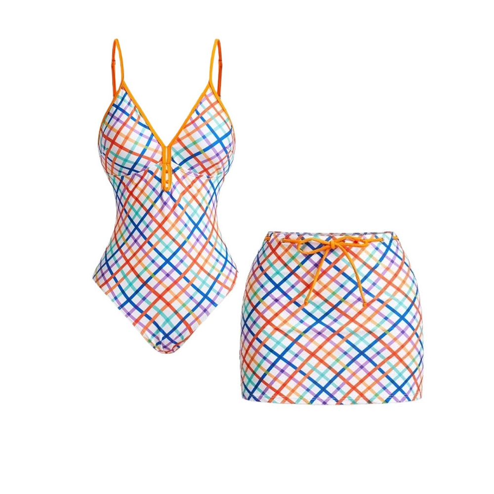 Women's Plaid Print One-Piece Swimsuit and Matching Skirt