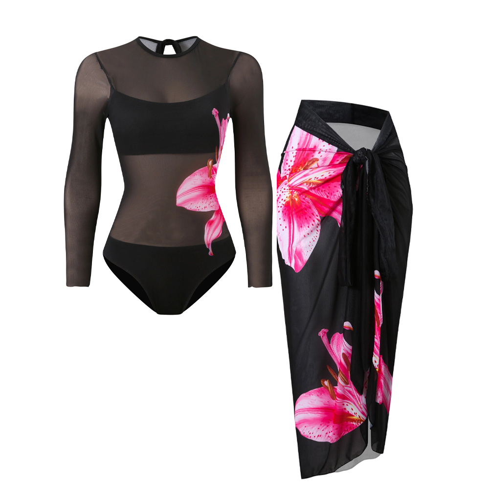 Women's Mesh Swimsuit with Floral Print One-Piece Swimsuit and Matching Maxi Skirt