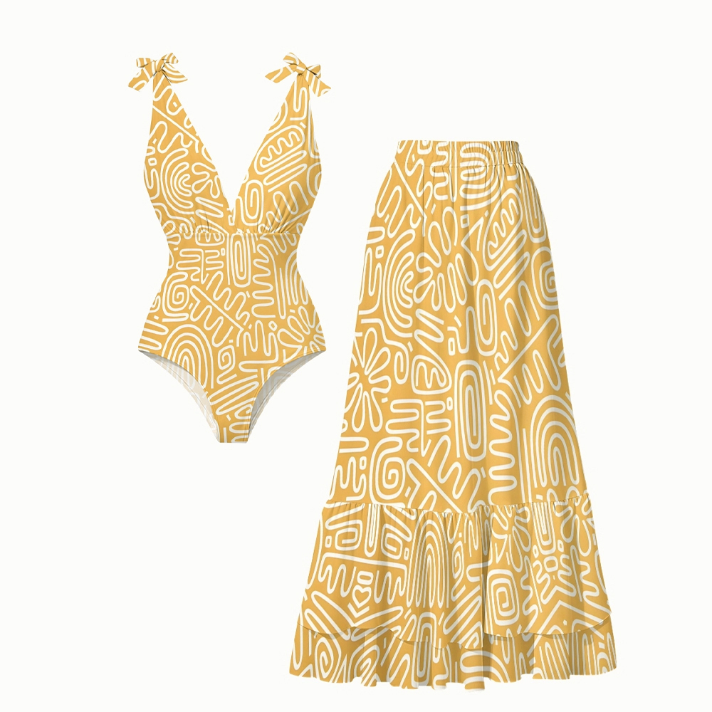 Abstract Line geometric Print One-Piece Swimsuit with Matching Maxi Skirt