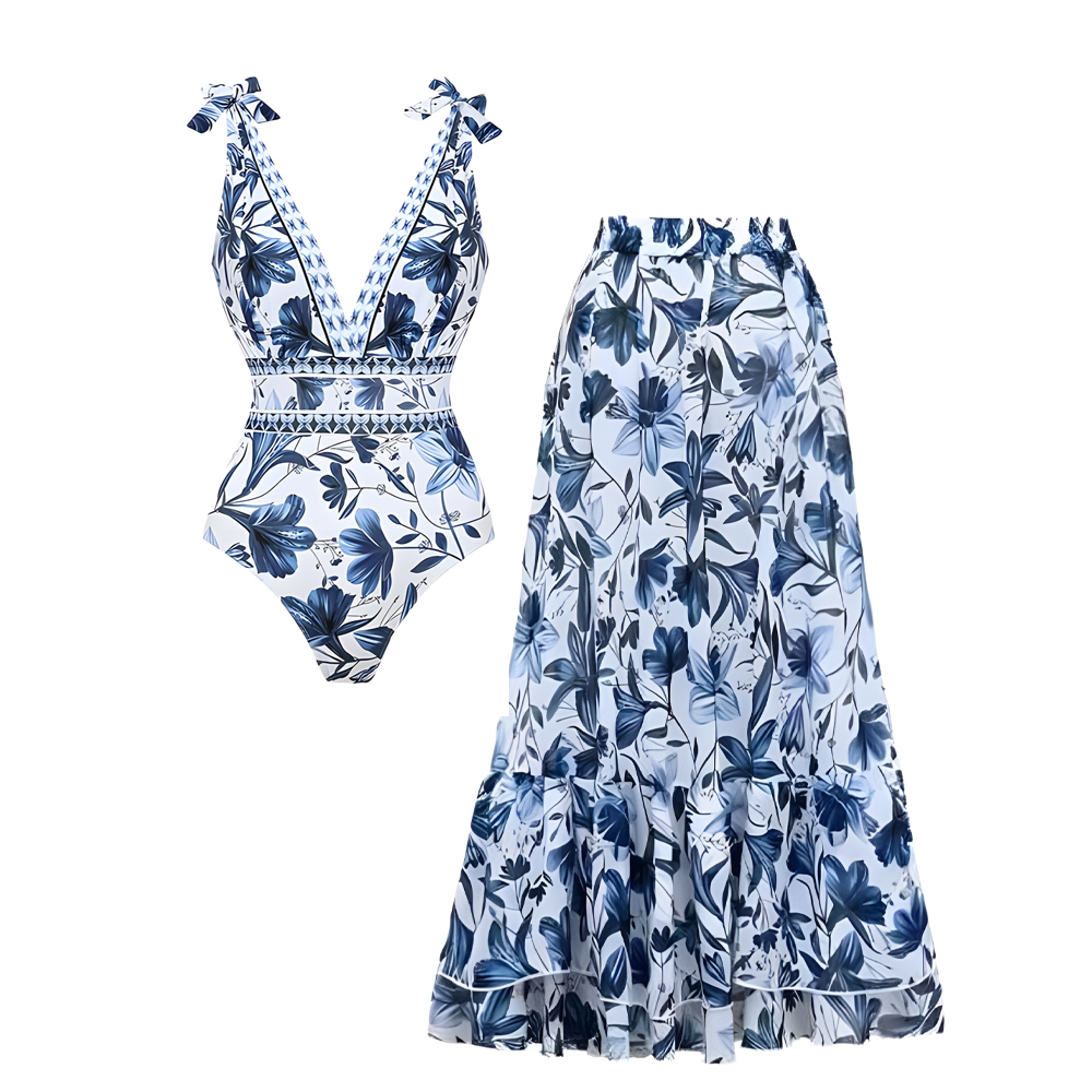 Women's V Neck Lace Up Printed One-Piece Swimsuit and Skirt