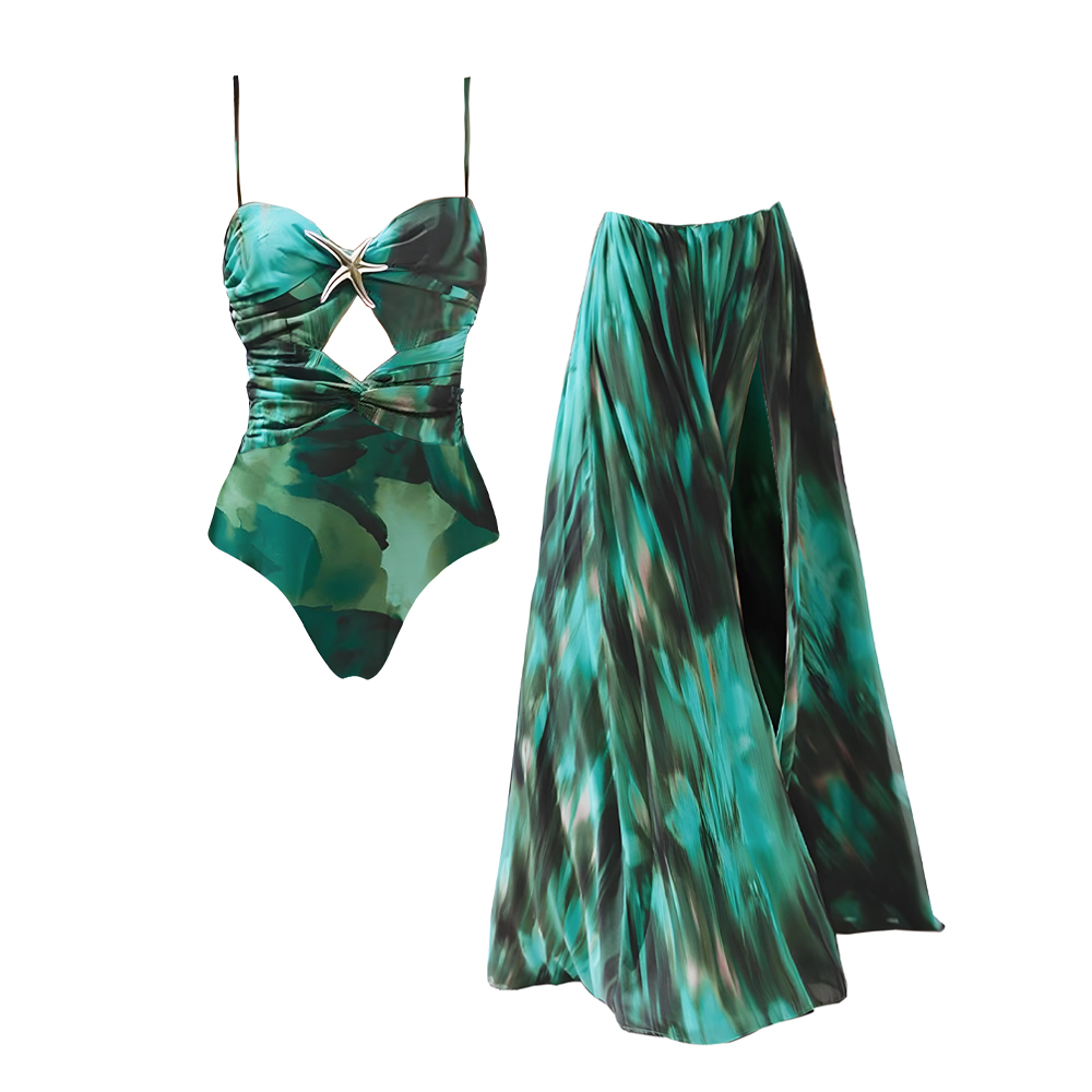 Women's New Green Ink-Wash Print Cut-Out One-Piece Swimsuit with High-Slit Umbrella Skirt Resort Set