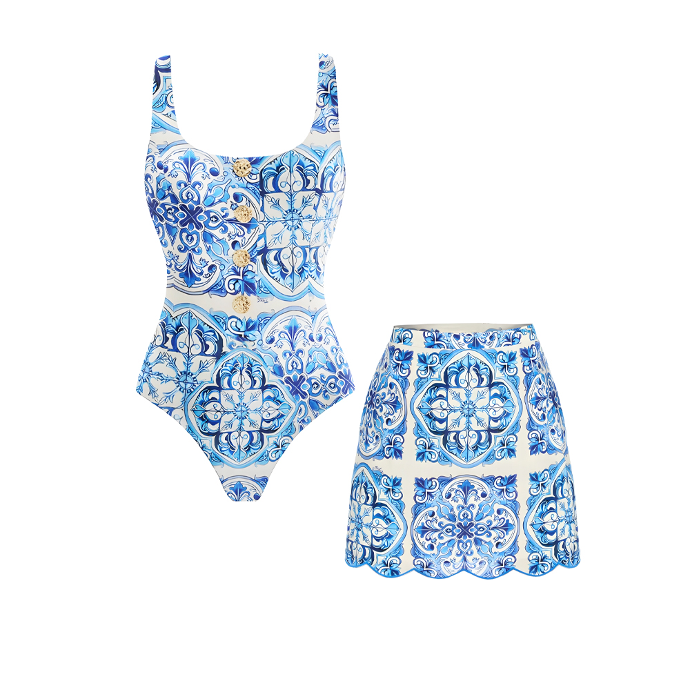 Women's New Blue and White Porcelain Print One-Piece Swimsuit and Skirt