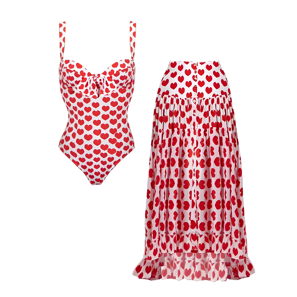 Women's Romantic Heart Print One-Piece Swimsuit with Skirt