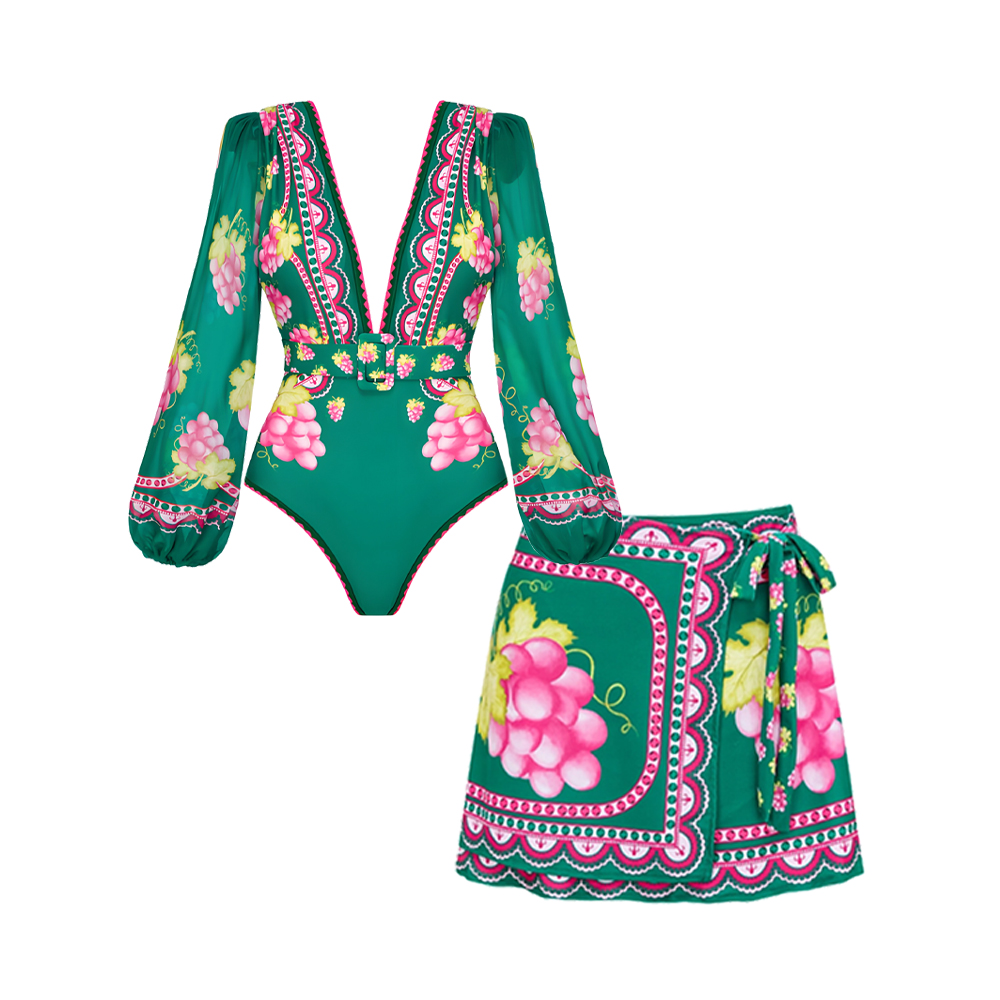 Women's Long Sleeve Top with Plunging V-Neck and Vintage Print One-Piece Swimsuit with Skirt