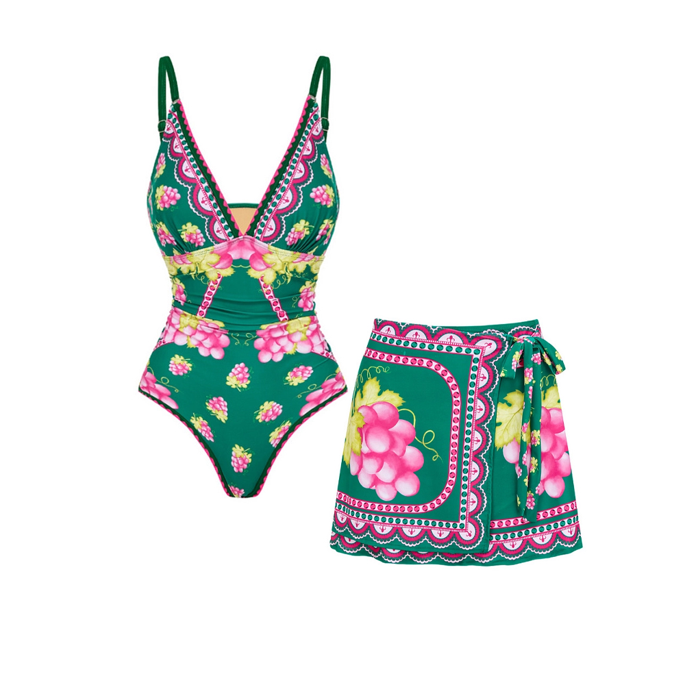 Women's Spaghetti Strap Top with Plunging V-Neck and Vintage Print One-Piece Swimsuit with Skirt