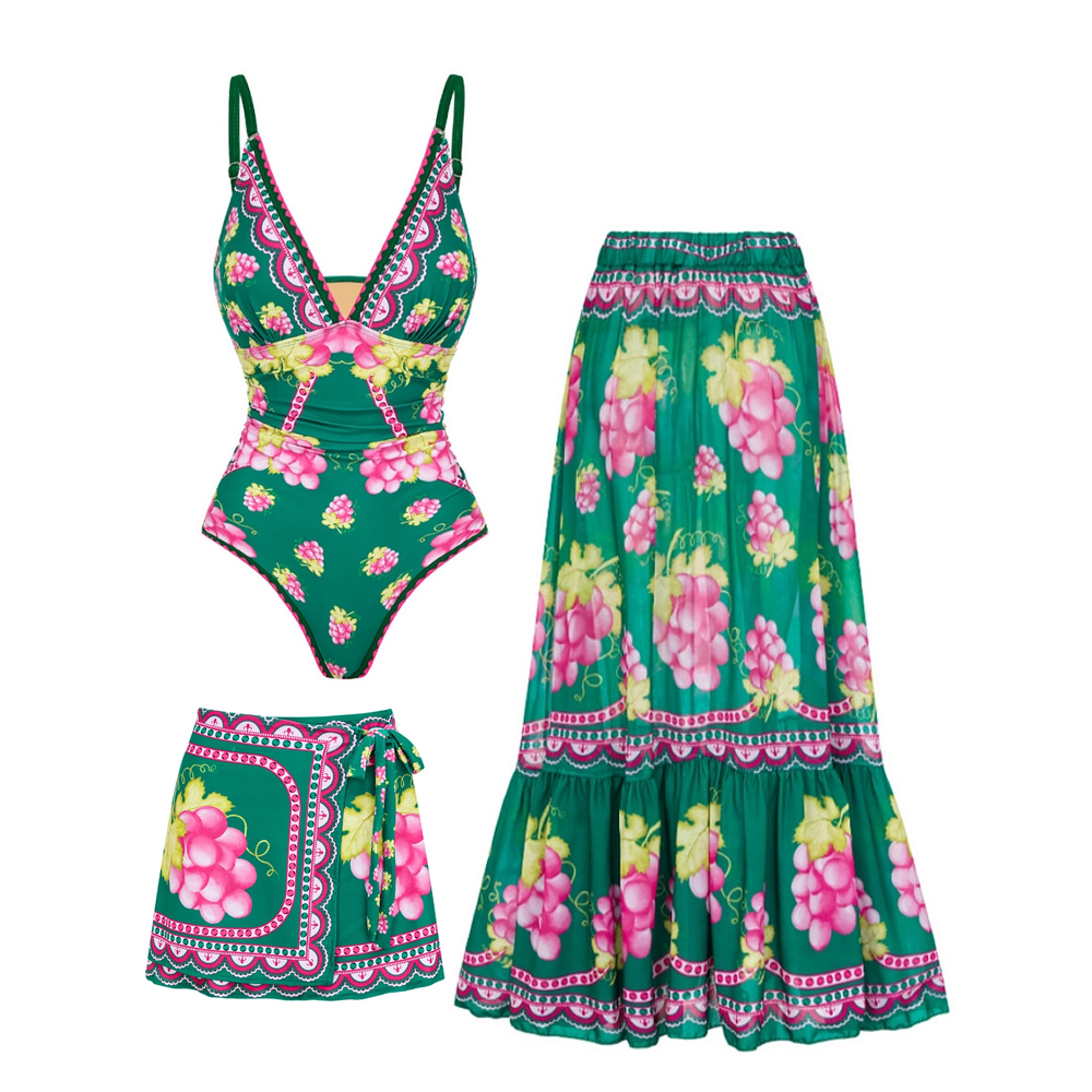 Women's Spaghetti Strap Top with Plunging V-Neck and Vintage Print One-Piece Swimsuit with Skirt