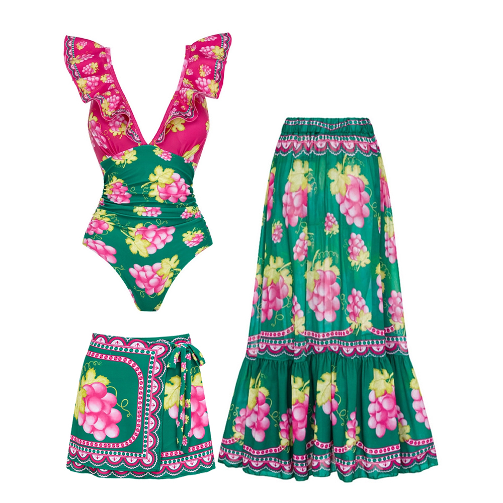 Women's Plunging V-Neck and Vintage Print One-Piece Swimsuit with Skirt