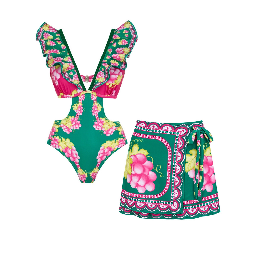 Women's Plunging V-Neck and Vintage Print One-Piece Swimsuit with Skirt