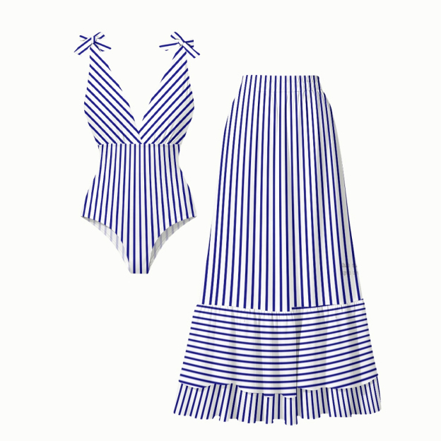 Blue Stripe Print One-Piece Set