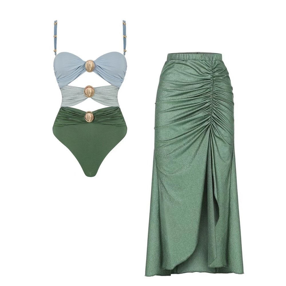 Colorblock One Piece Swimsuit with Gold Accents Detail and Matching Wrap Skirt