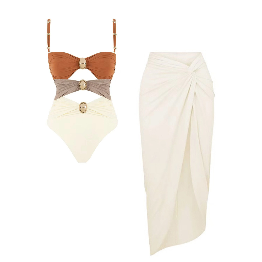 Colorblock One Piece Swimsuit with Gold Accents Detail and Matching Wrap Skirt