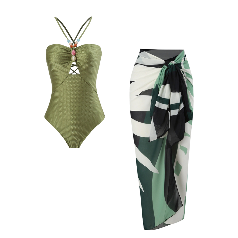 Women's Green French Vintage One-Piece Swimsuit with Skirt