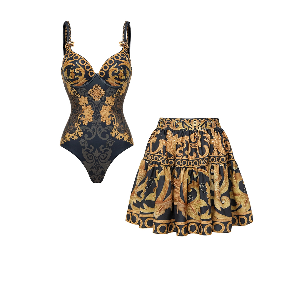 Women's Gold Embroidery Decor One-Piece Swimsuit with Skirt
