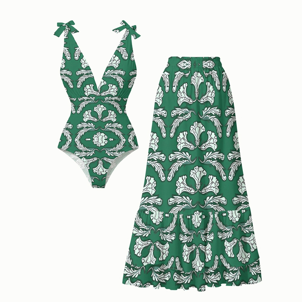 Women's Symmetrical Floral Print One-Piece Swimsuit with Skirt