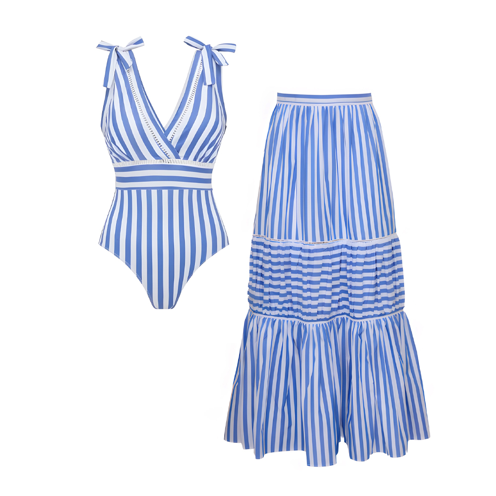 Women's Bowknot Striped Print One Piece Swimsuit and Skirt