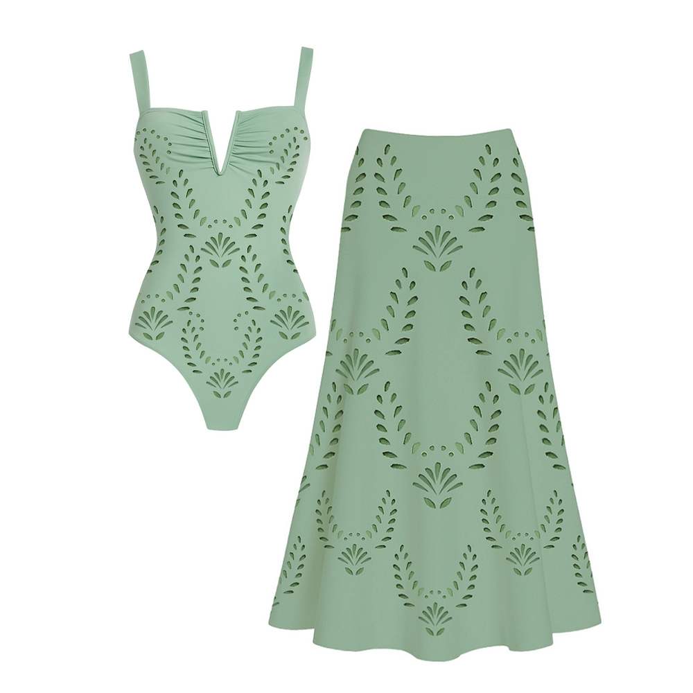 Women's Green Hollow Out One Piece Swimsuit and Skirt