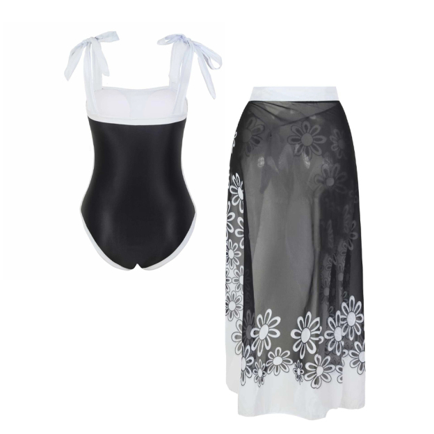 Elegant Black and White Floral One-Piece Set