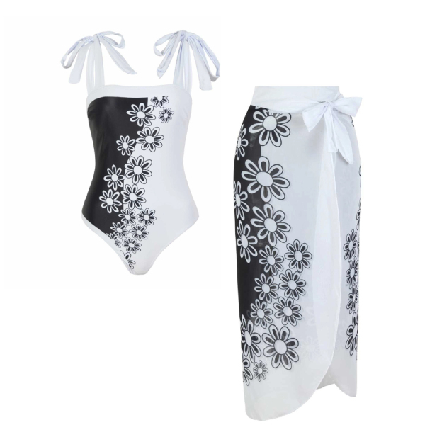 Elegant Black and White Floral One-Piece Set