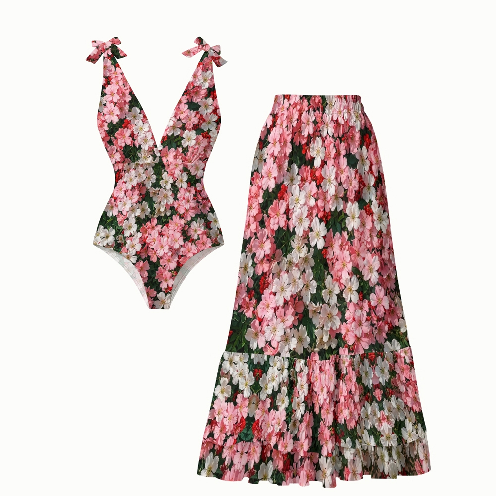 Pink Floral Deep V One Piece Swimsuit with Coordinated High Waist Cover-Up Skirt