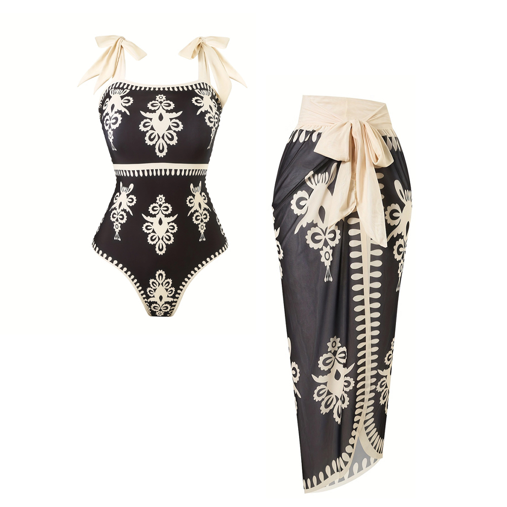 Women's Elegant Vintage Print One-Piece Swimsuit with Skirt