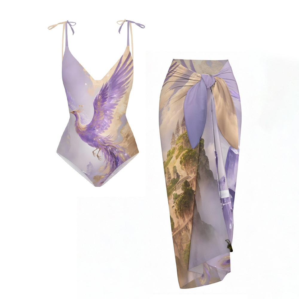 Fantasy Phoenix Print One Piece Swimsuit with Matching Sarong Skirt