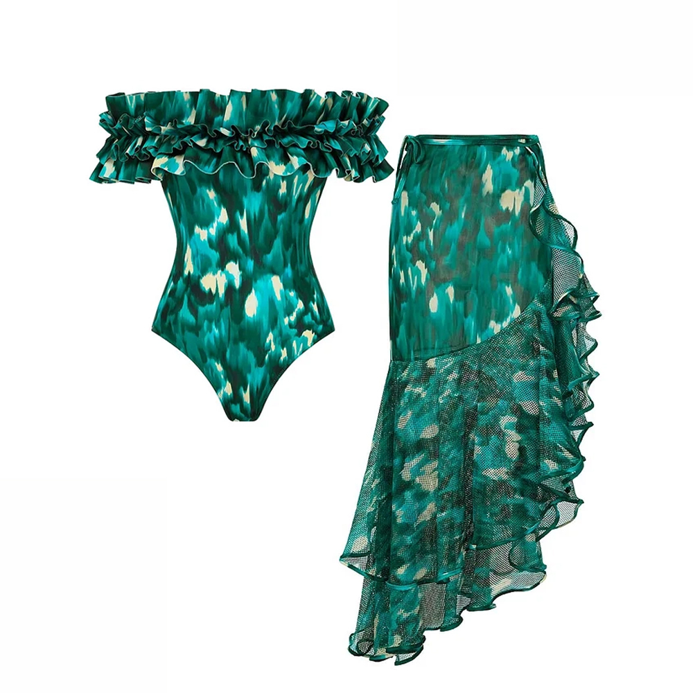 Women's Off Shoulder Ruffled Green Blooming Print One Piece Swimsuit and Mesh Splicing Sarong