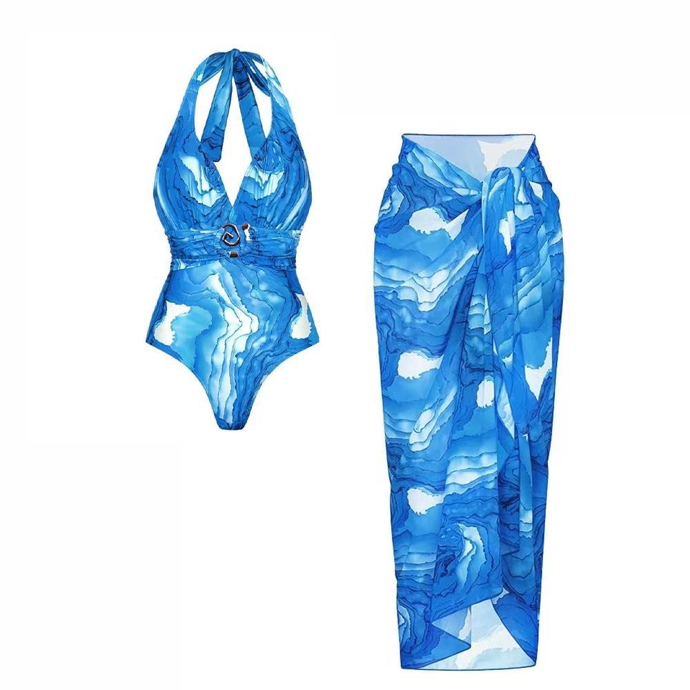 Women's Plunging V-Neck Tie-Front and Blue Gradient Print One-Piece Swimsuit with Skirt