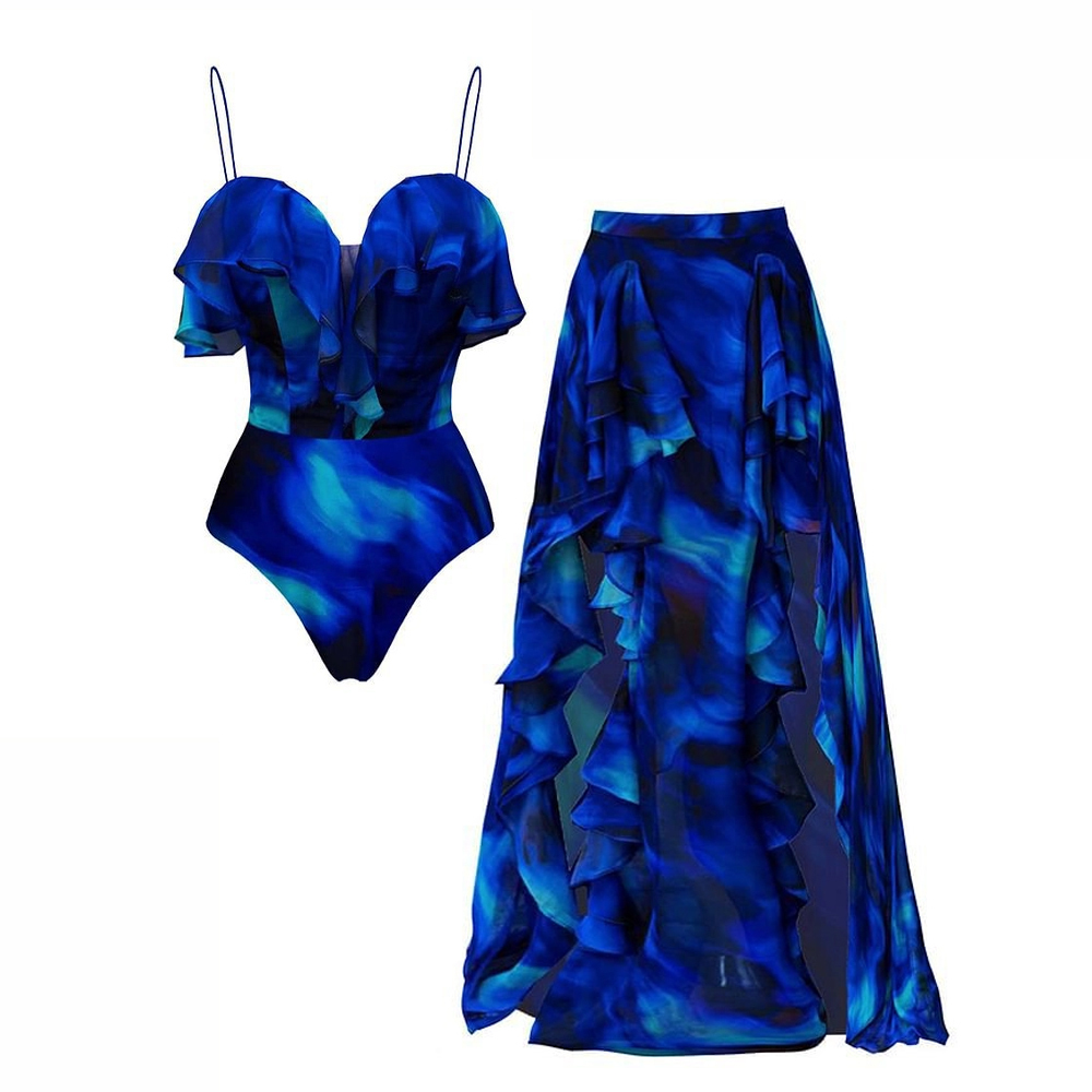 Women's Ombré Ruffle Print One-Piece Swimsuit with Skirt