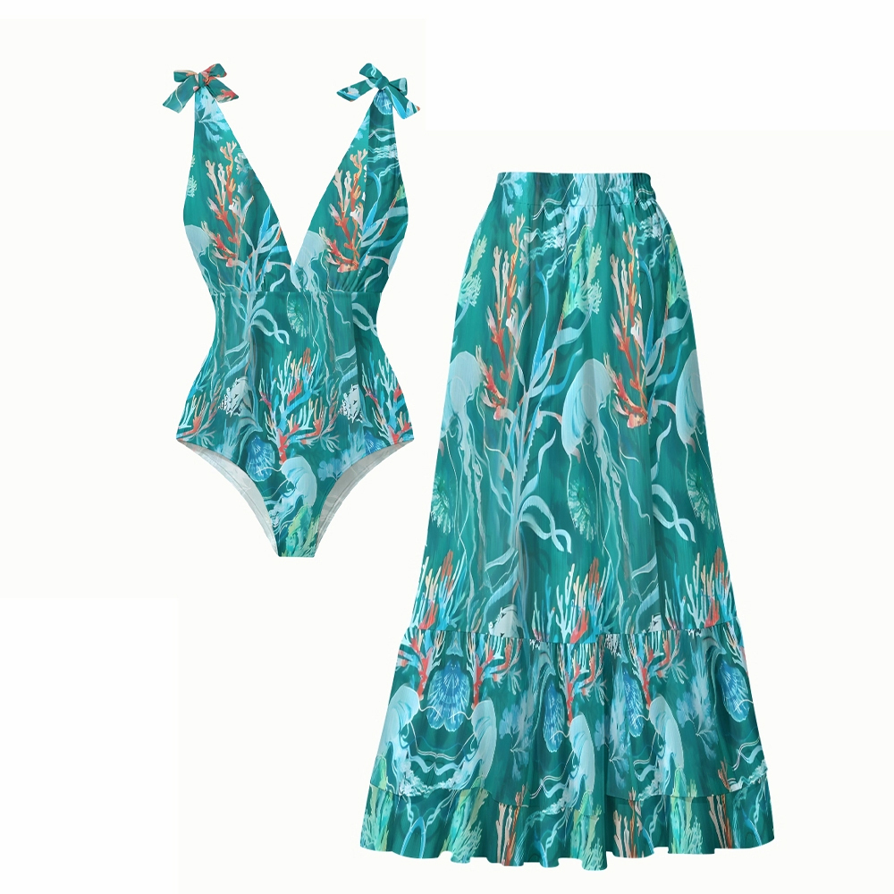 Women's Marine Organism Print One-Piece Swimsuit with Skirt