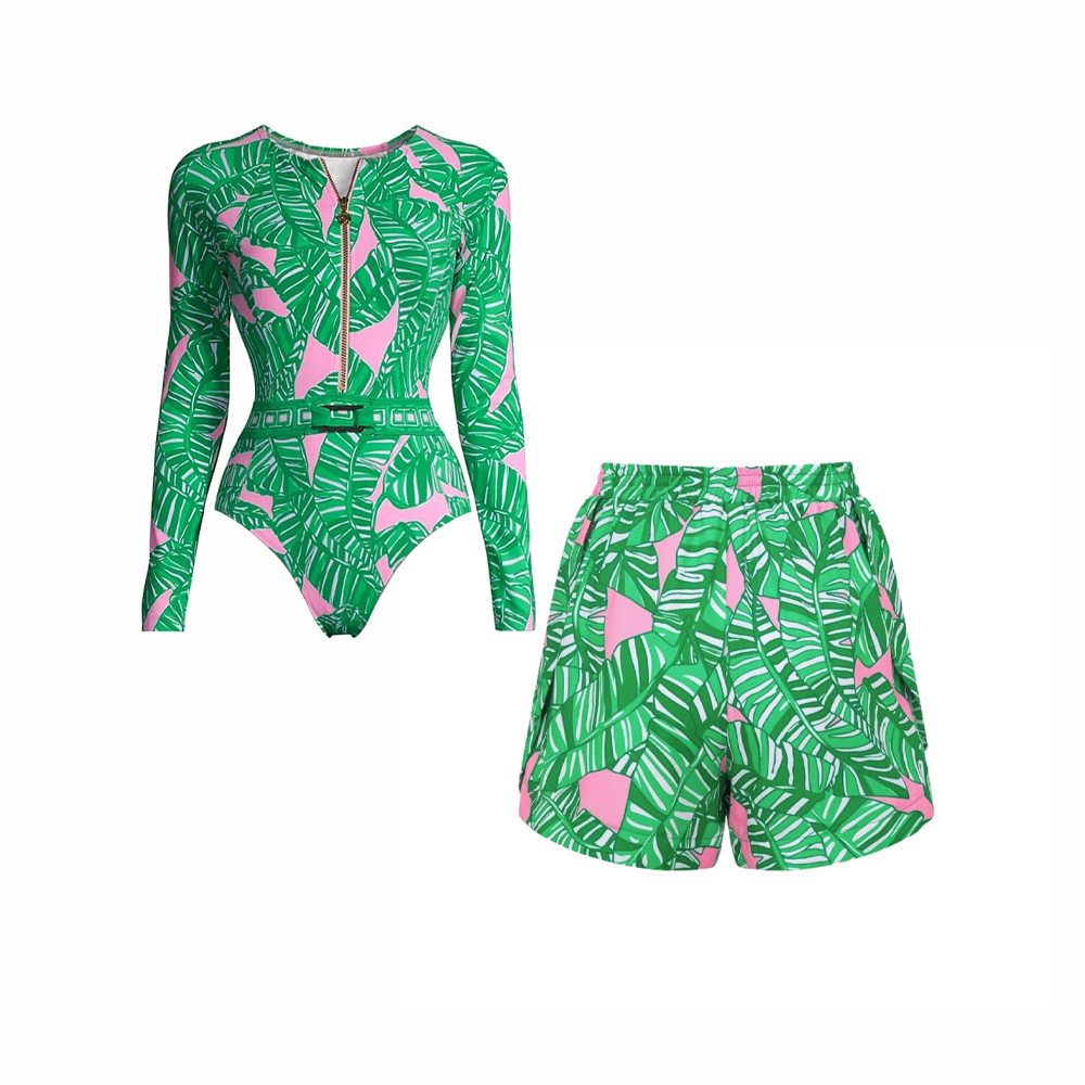 Women's New Long Sleeve Zip-Front Swimsuit with Green Print One-Piece Swimsuit with Skirt or Shorts