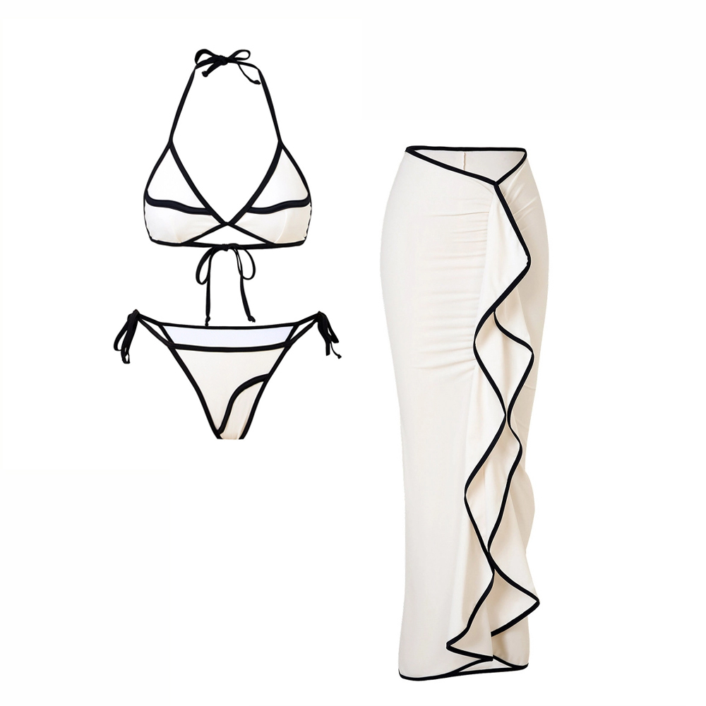 Women's Black and White Color-Block Bikini Two-Piece Swimsuit with Skirt