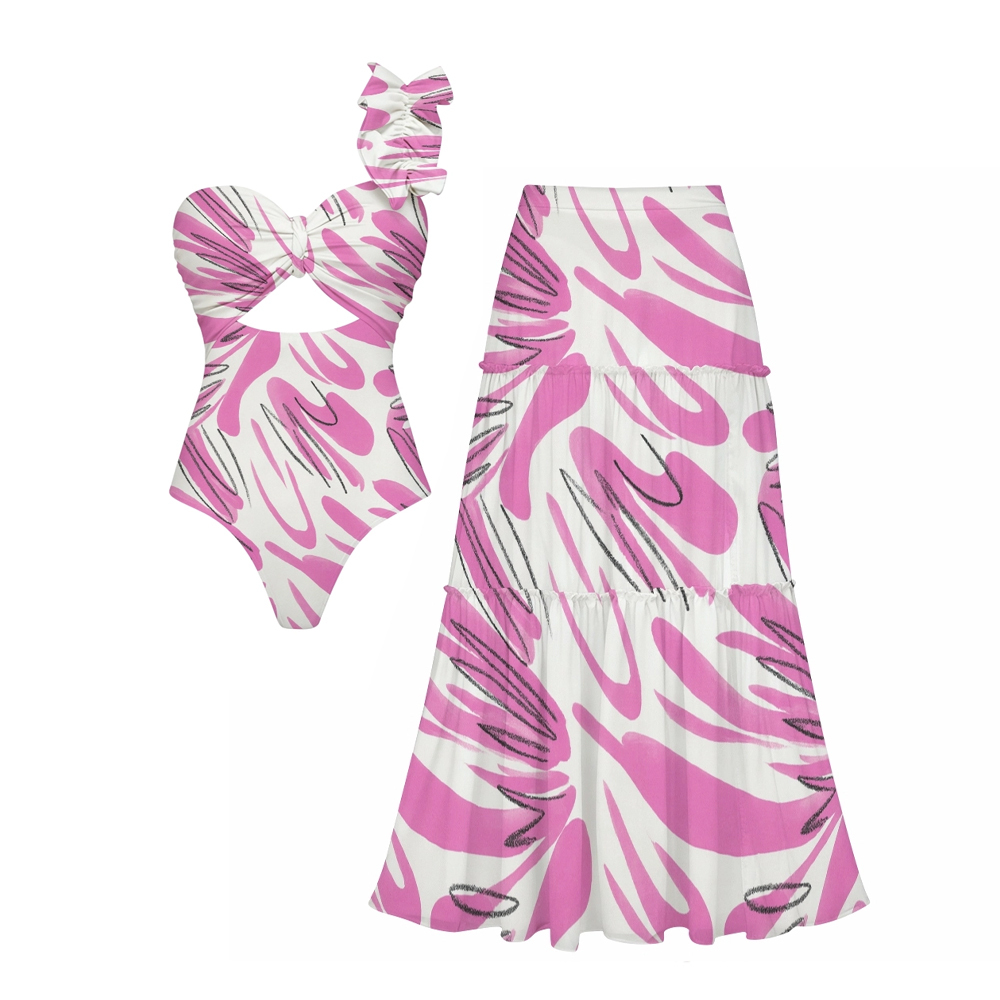 Abstract Print One Piece Swimsuit with Matching Maxi Skirt