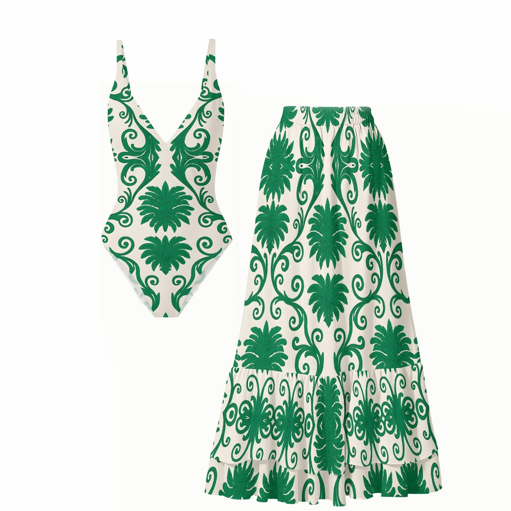 Baroque Leaf Motif Print One Piece Swimsuit with Matching Tiered Maxi Skirt