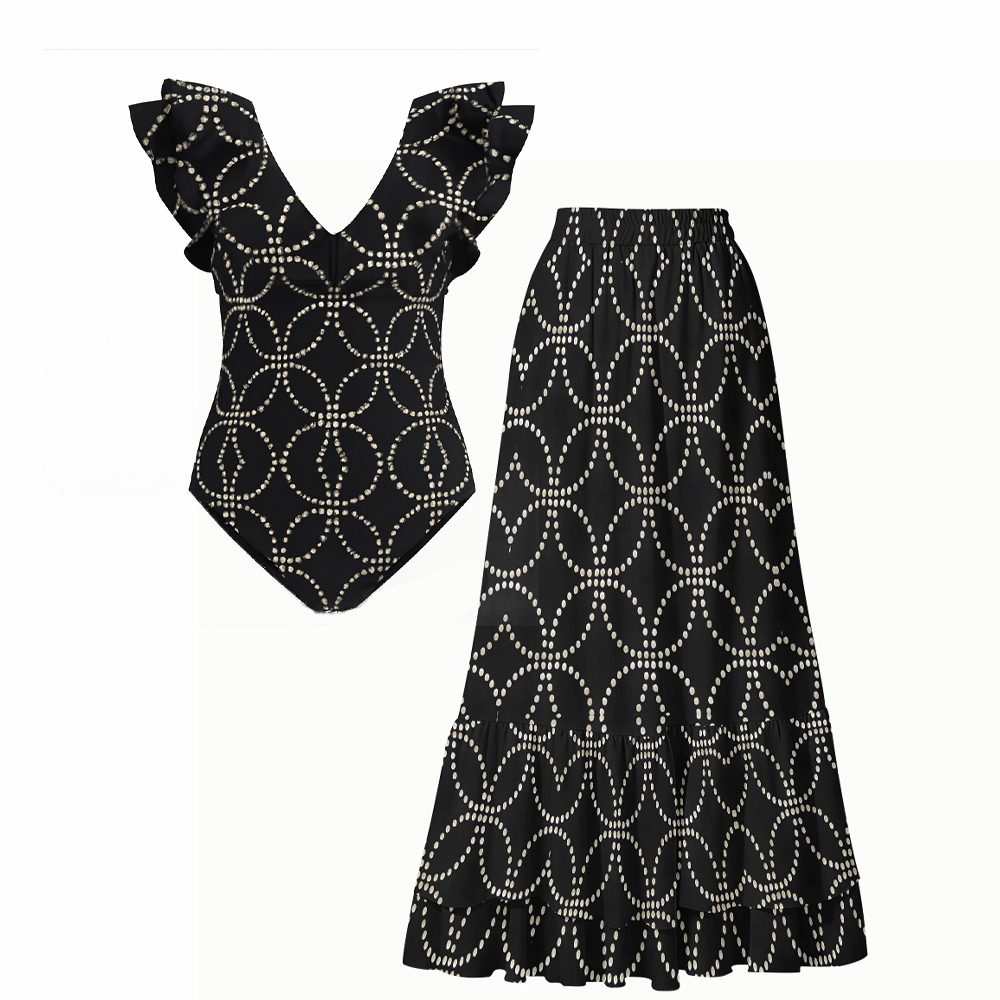 Women's Black Ruffle Trim Cut-Out Floral Print One-Piece Swimsuit and Midi Skirt Set