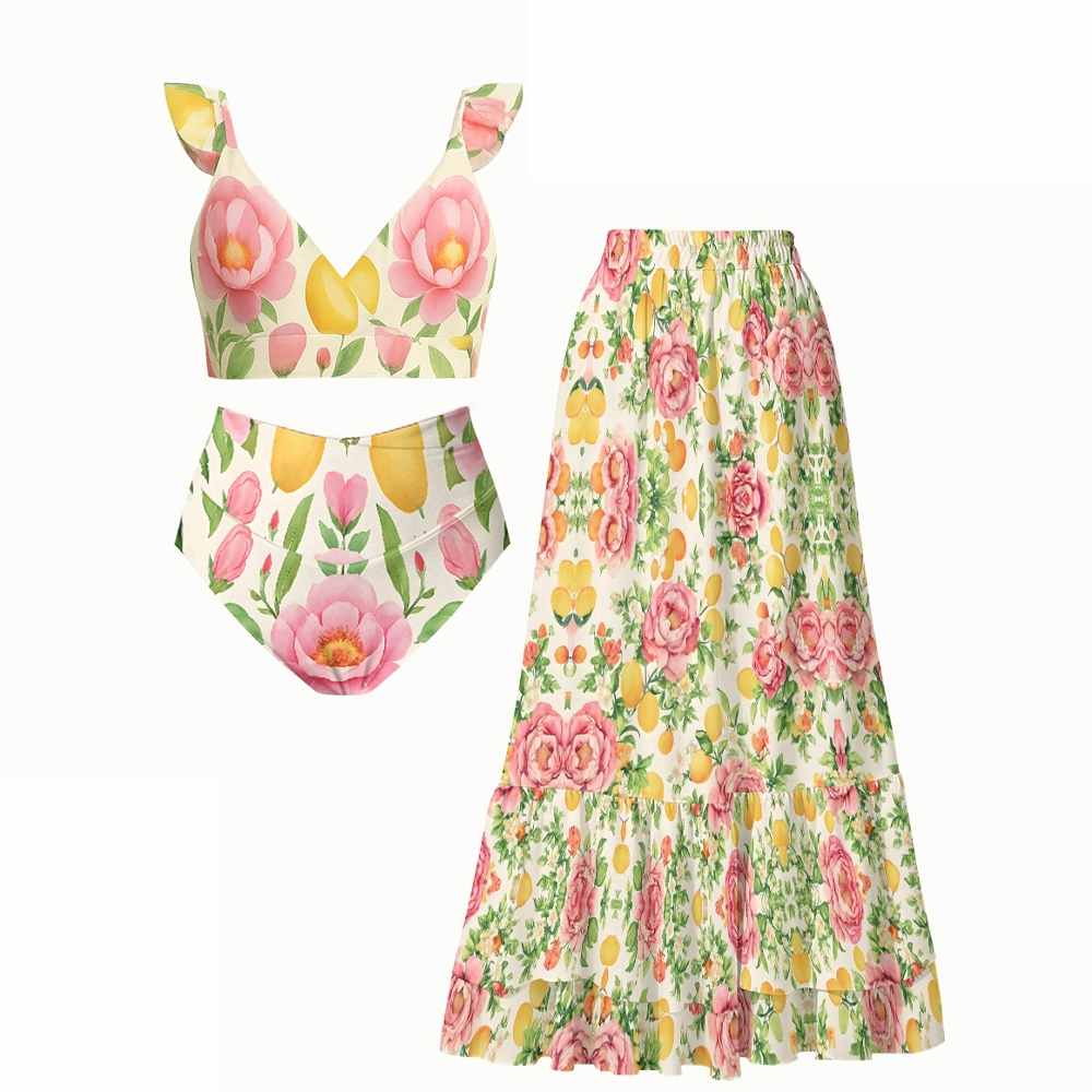 Tropical Fruit Floral Bikini Set with Ruffle Strap Top and High Waist Bottom