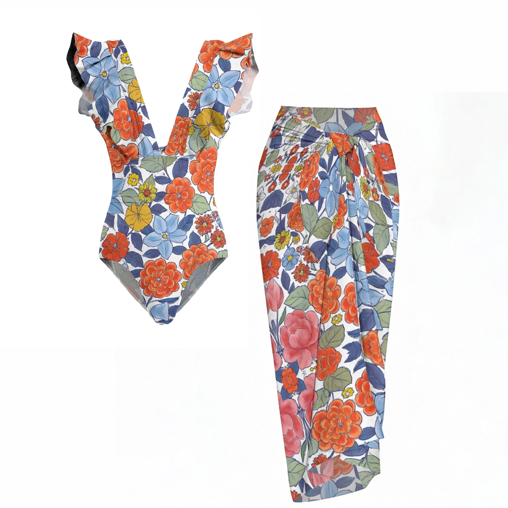 Floral Ruffle Strap One Piece Set