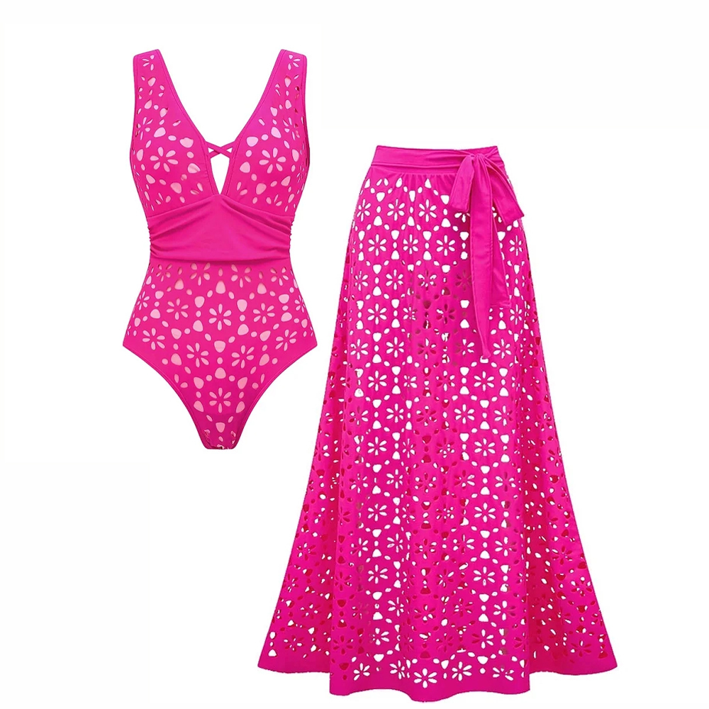 Women's V Neck Bestselling Sexy Solid Color Cut-Out One-Piece Swimsuit Set -Pink