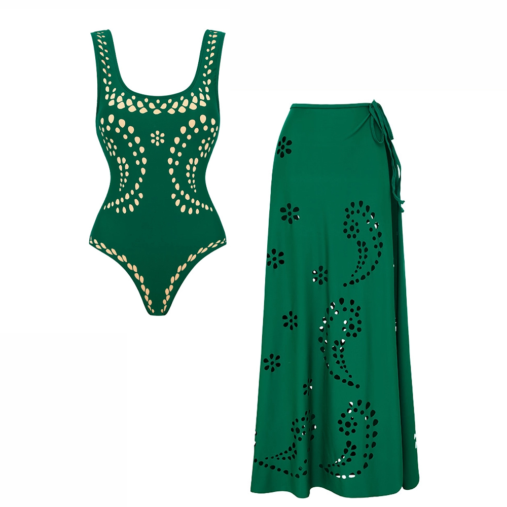 Women's Green Stylish & Sexy Cut-Out Swimsuit Set with Skirt