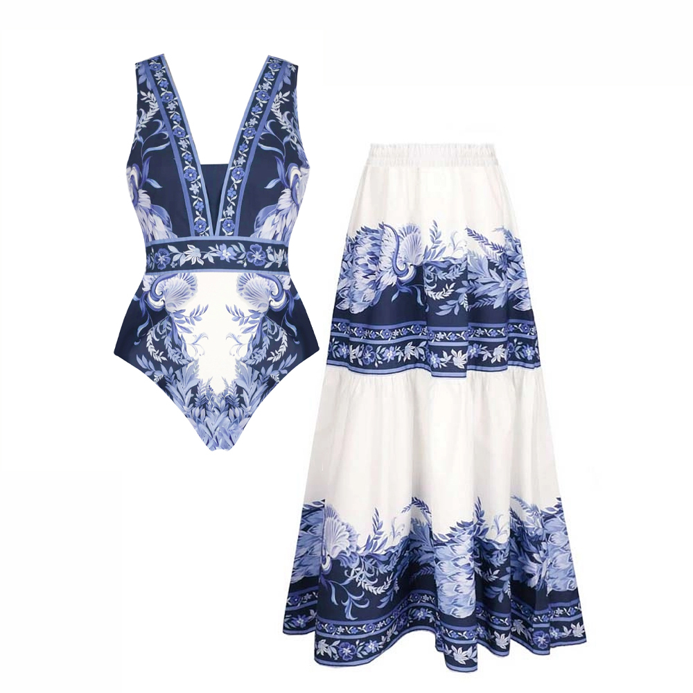 Blue Oriental-Inspired One Piece Set
