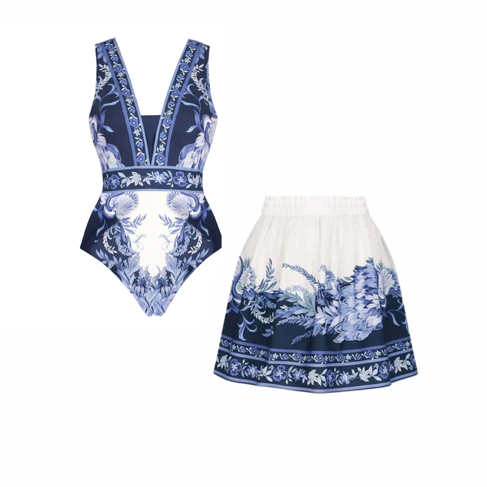 Blue Oriental-Inspired One Piece Set