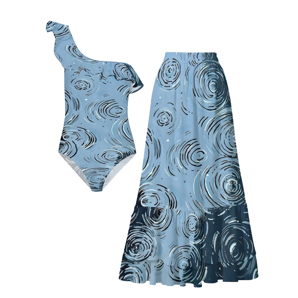 Women's One-Shoulder Artistic Water Ripple Print One-Piece Swimsuit with Skirt
