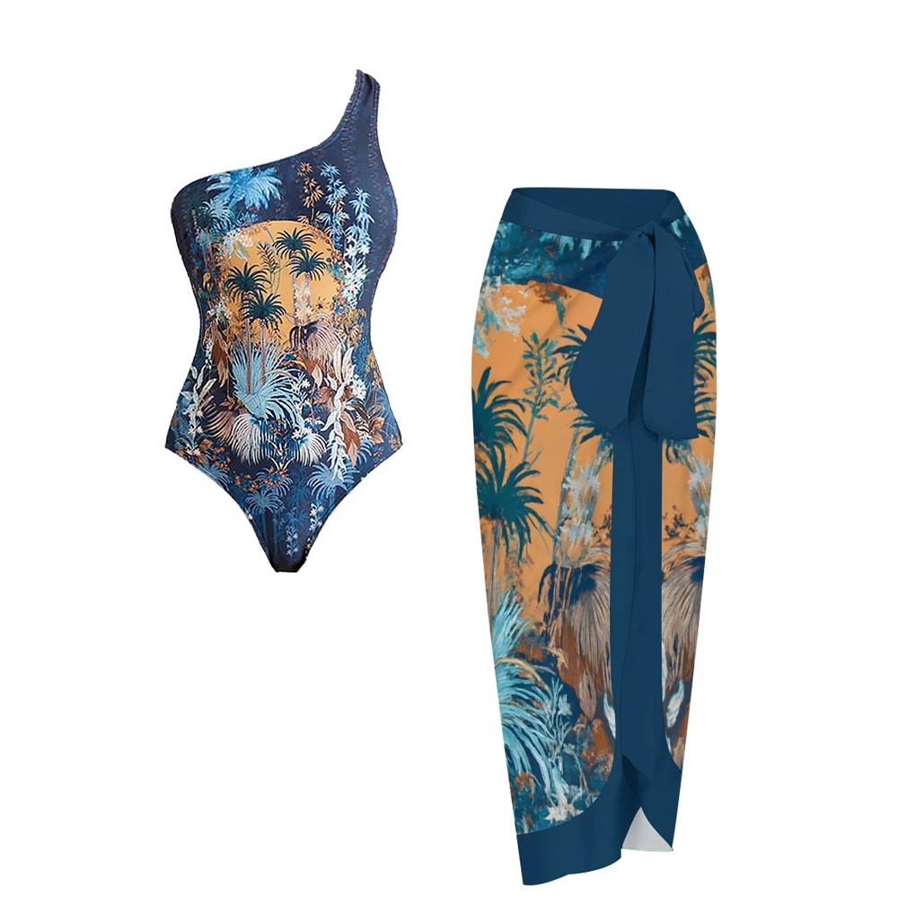 Women's One-Shoulder Scenery Under Moonlight Print One-Piece Swimsuit with Skirt