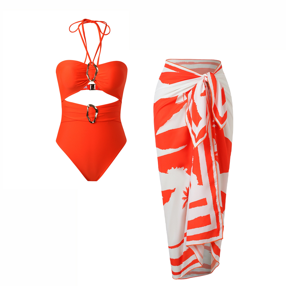 Women's High-Waisted Bandeau Halter One-Piece Swimsuit with Cut-Outs and Print