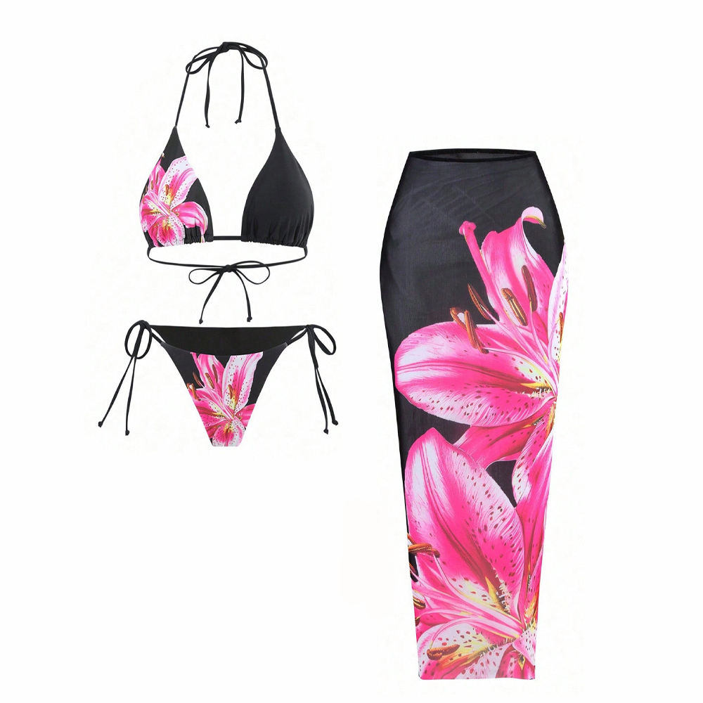 Women's Lily Print Bikini Set Two-Piece Swimsuit with Skirt