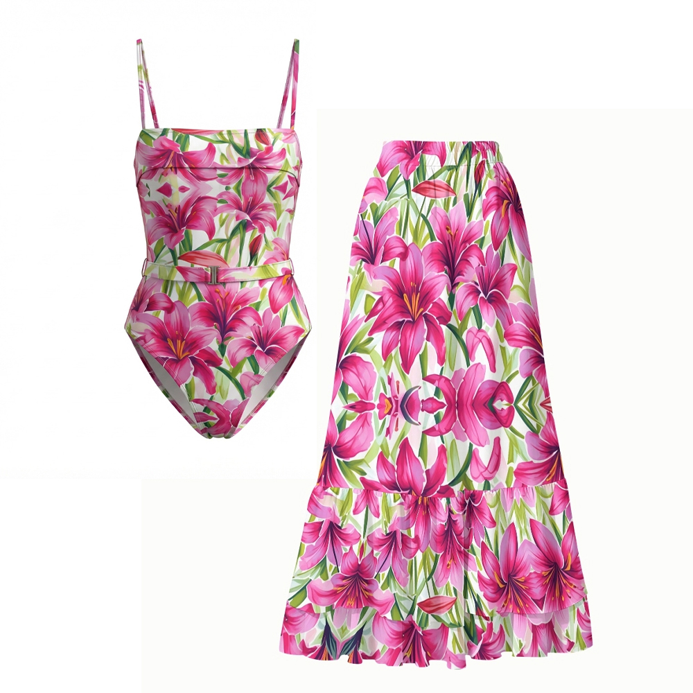 Square-neck Dark Magenta Lily Print Swimsuit Set(s)